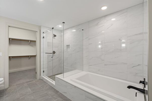 Bathroom, Glass Shower, Interior, Marble Walls, Recessed Lighting, Walk-in Closets