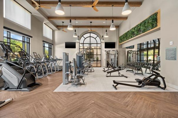 Fitness Equipment, Gym, Interior, Pendant Lights, Wooden Beams, Wood Texture Flooring