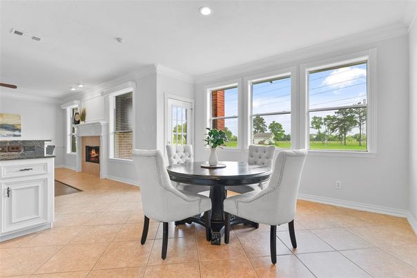 Dining room, Fireplace, Interior, Recessed Lighting