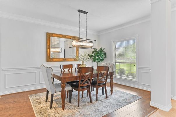 Dining room, Interior, Pendant Lights, Wood Texture Flooring