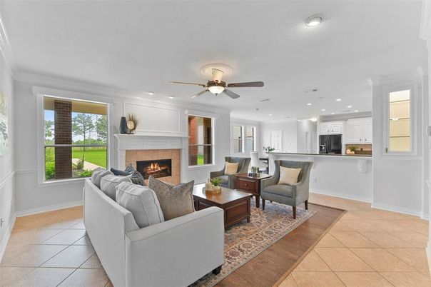 Fireplace, Interior, Kitchen, Living room, Recessed Lighting