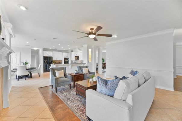 Dining room, Interior, Kitchen, Living room, Recessed Lighting, Stainless Steel Appliances, Wood Texture Flooring