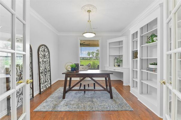 Home Office, Interior, Pendant Lights, Wood Texture Flooring