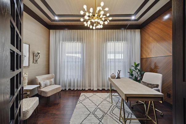 Home Office, Interior, Pendant Lights, Recessed Lighting, Wood Texture Flooring