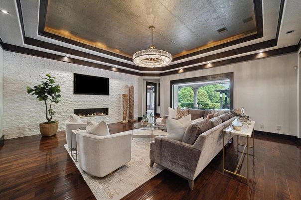Fireplace, Interior, Living room, Pendant Lights, Recessed Lighting, Stone Walls, Wood Texture Flooring