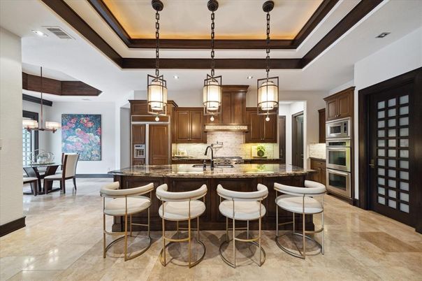 Dining room, Interior, Kitchen, Pendant Lights, Recessed Lighting, Stainless Steel Appliances, Wooden Beams