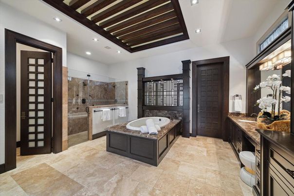Bathroom, Glass Shower, Interior, Recessed Lighting, Wooden Beams