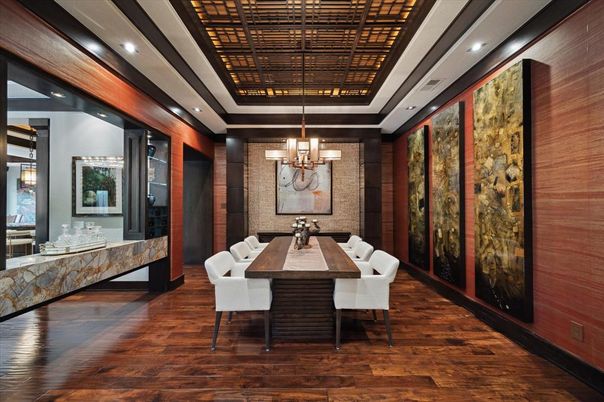 Chandelier, Dining room, Interior, Recessed Lighting, Wood Texture Flooring