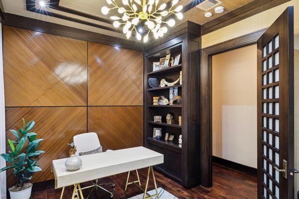 Home Office, Interior, Pendant Lights, Wood Texture Flooring, Wooden Walls