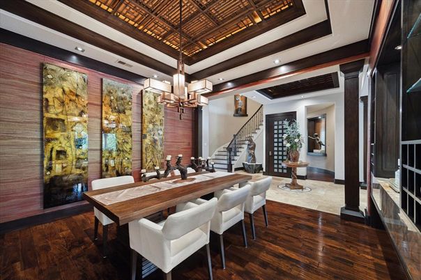 Chandelier, Dining room, Interior, Recessed Lighting, Wood Texture Flooring