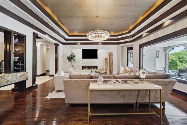 Fireplace, Interior, Living room, Pendant Lights, Wood Texture Flooring