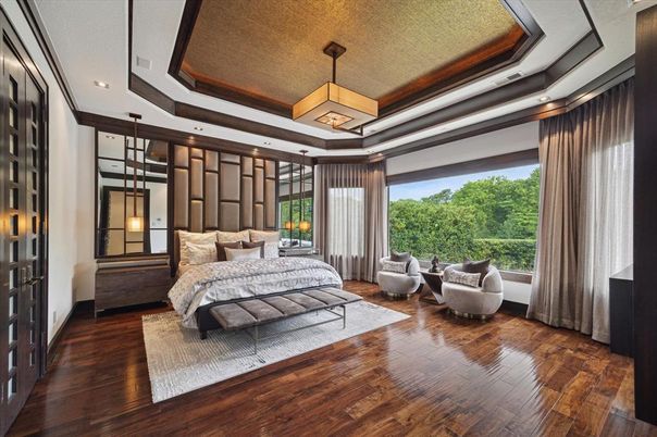 Bedroom, Interior, Pendant Lights, Recessed Lighting, Wood Texture Flooring