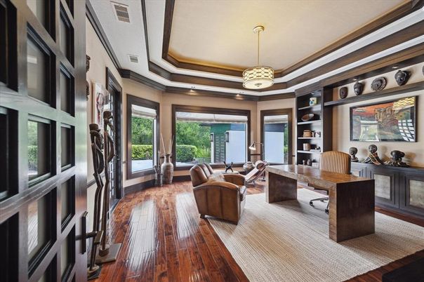 Home Office, Interior, Pendant Lights, Wood Texture Flooring