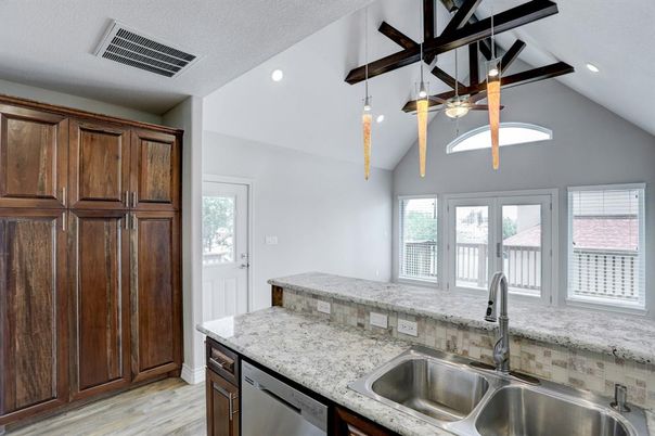 Interior, Kitchen, Pendant Lights, Recessed Lighting, Wood Texture Flooring