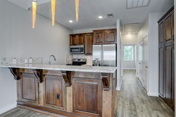 Interior, Kitchen, Recessed Lighting, Stainless Steel Appliances, Wood Texture Flooring