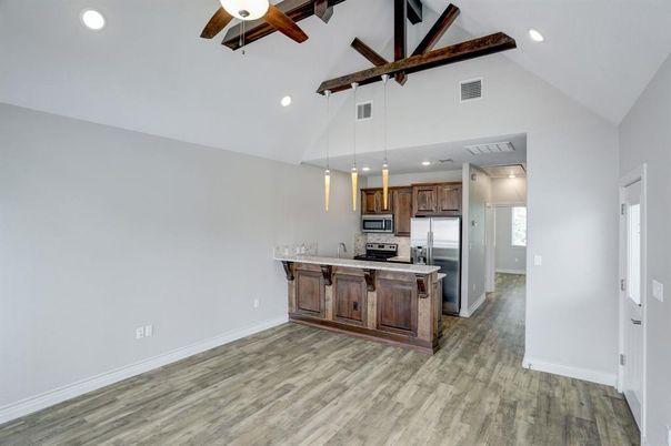 Interior, Kitchen, Pendant Lights, Recessed Lighting, Stainless Steel Appliances, Wood Texture Flooring