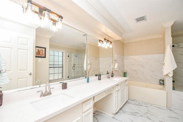 Bathroom, Dual Sink Vanities, Glass Shower, Interior, Marble, Marble Walls
