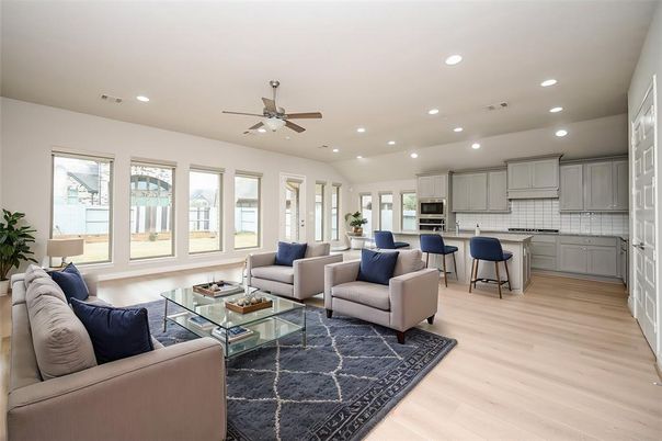 Dining room, Interior, Kitchen, Living room, Recessed Lighting, Stainless Steel Appliances, Wood Texture Flooring