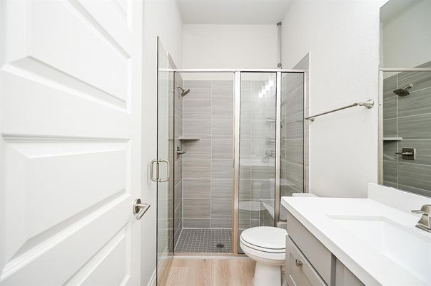 Bathroom, Glass Shower, Interior, Wood Texture Flooring