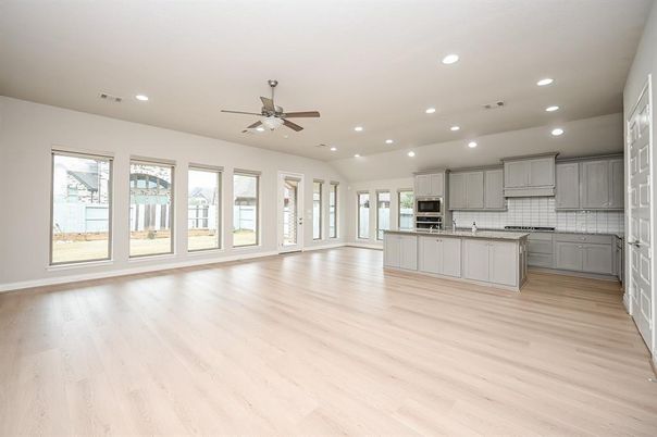Empty room, Interior, Kitchen, Recessed Lighting, Wood Texture Flooring