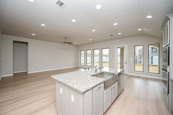 Empty room, Interior, Kitchen, Recessed Lighting, Wood Texture Flooring