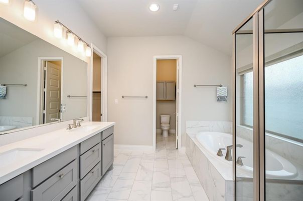 Bathroom, Dual Sink Vanities, Interior, Marble, Recessed Lighting