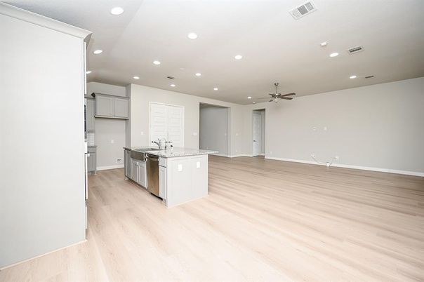 Empty room, Interior, Kitchen, Recessed Lighting, Wood Texture Flooring