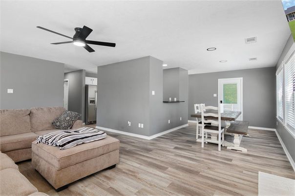 Dining room, Interior, Living room, Recessed Lighting, Wood Texture Flooring