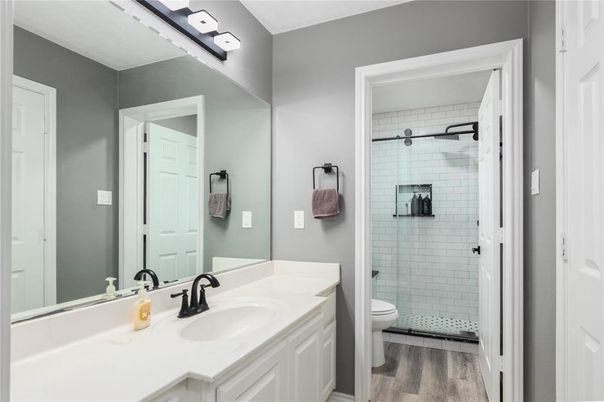 Bathroom, Glass Shower, Interior, Wood Texture Flooring