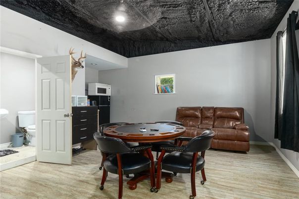 Dining room, Game Room, Interior, Recessed Lighting, Wood Texture Flooring
