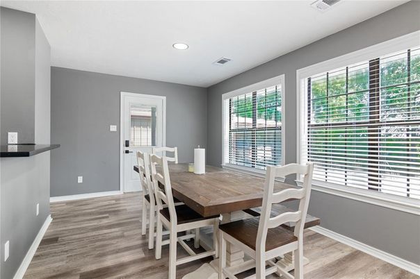 Dining room, Interior, Recessed Lighting, Wood Texture Flooring
