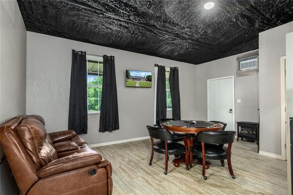 Dining room, Interior, Living room, Recessed Lighting, Wood Texture Flooring