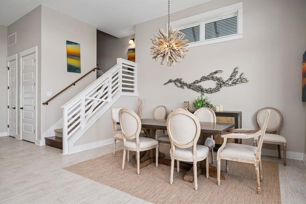 Dining room, Interior, Pendant Lights, Wood Texture Flooring