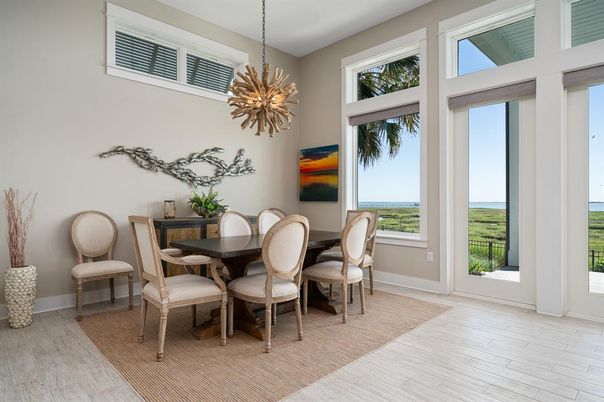 Dining room, Interior, Pendant Lights, Wood Texture Flooring
