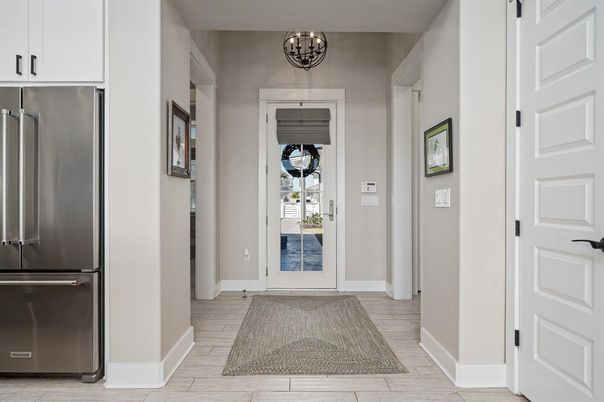 Chandelier, Interior, Kitchen, Stainless Steel Appliances, Wood Texture Flooring