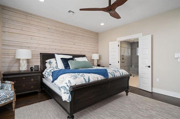 Bedroom, Interior, Recessed Lighting, Wood Texture Flooring, Wooden Walls