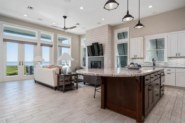 Fireplace, Interior, Kitchen, Living room, Pendant Lights, Recessed Lighting, Wood Texture Flooring