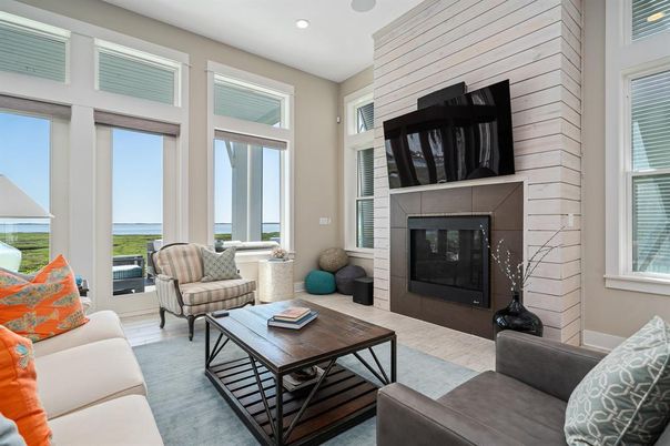 Fireplace, Interior, Living room, Recessed Lighting, Stone Walls, Water
