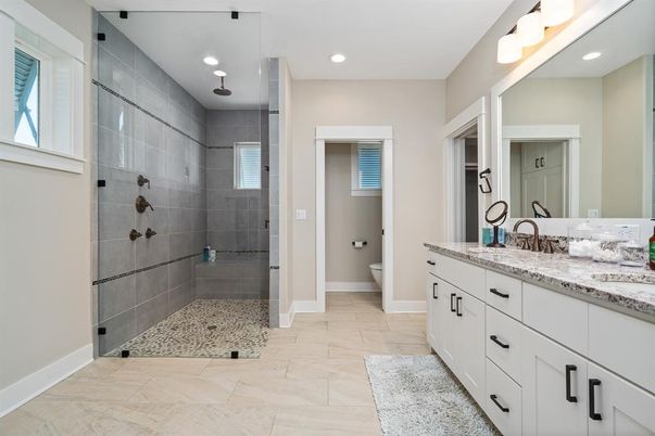 Bathroom, Dual Sink Vanities, Glass Shower, Interior, Recessed Lighting