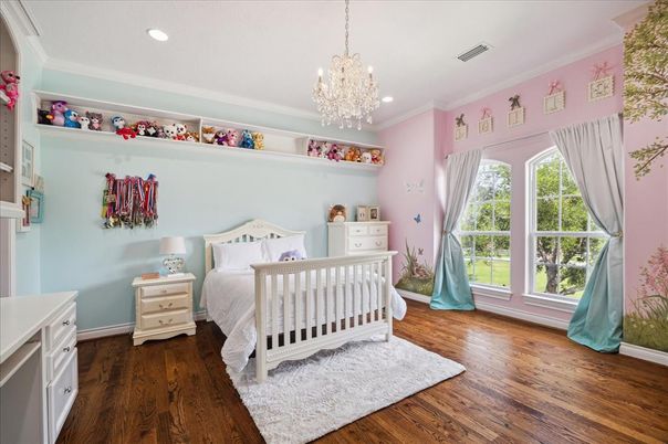 Bedroom, Chandelier, Interior, Recessed Lighting, Wood Texture Flooring