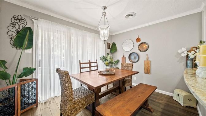 Dining room, Interior, Pendant Lights, Wood Texture Flooring