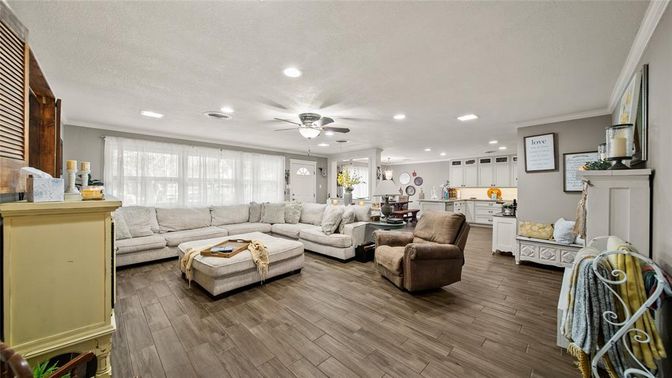 Dining room, Interior, Kitchen, Living room, Recessed Lighting, Wood Texture Flooring
