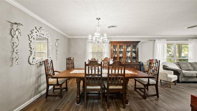 Chandelier, Dining room, Interior, Wood Texture Flooring
