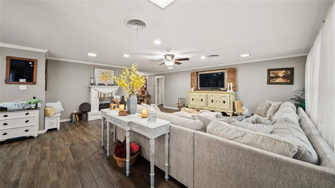 Fireplace, Interior, Living room, Recessed Lighting, Wood Texture Flooring
