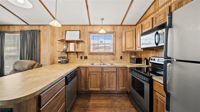 Interior, Kitchen, Pendant Lights, Wood Texture Flooring, Wooden Walls