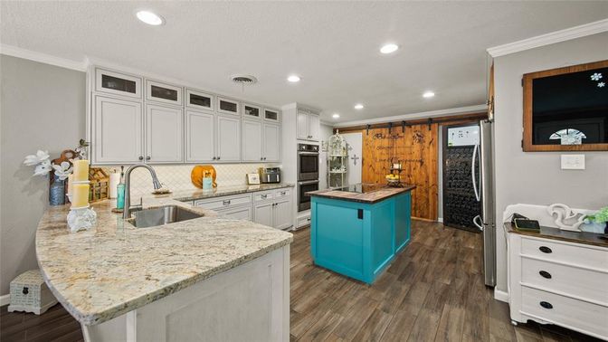 Interior, Kitchen, Pendant Lights, Recessed Lighting, Stainless Steel Appliances, Wood Texture Flooring