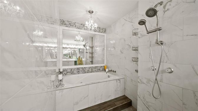 Bathroom, Chandelier, Glass Shower, Interior, Marble Walls
