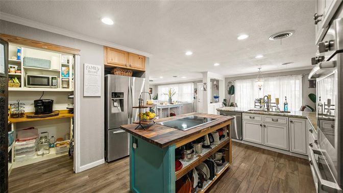 Interior, Kitchen, Pendant Lights, Recessed Lighting, Stainless Steel Appliances, Wood Texture Flooring