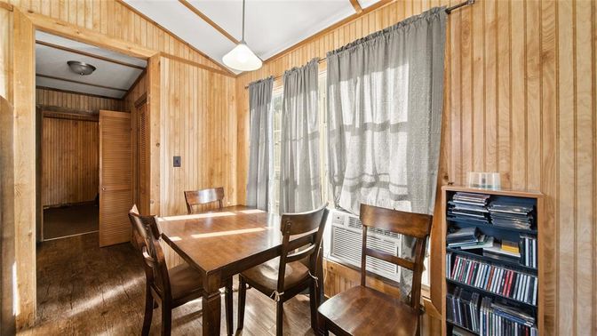 Dining room, Interior, Pendant Lights, Wood Texture Flooring, Wooden Walls