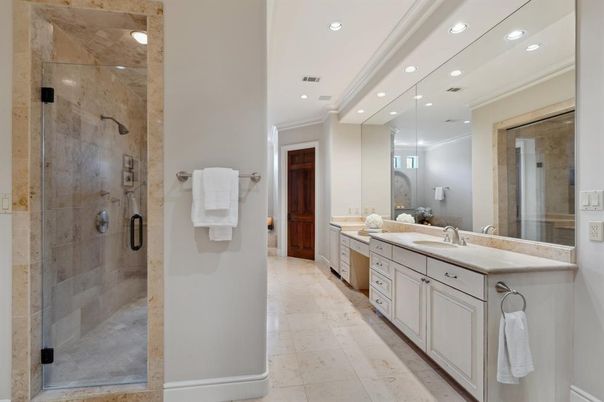 Bathroom, Dual Sink Vanities, Glass Shower, Interior, Recessed Lighting